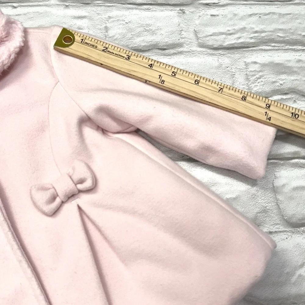 LITTLE ME Pink Felt Pea Coat 12M Bow Faux Fur Babydoll Quilted Lining Warm Fuzzy